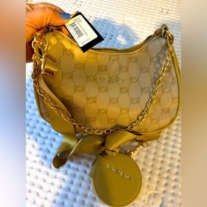 Brand new Bebe Mara tan/gold shoulder bag  gold chain and change purse $89